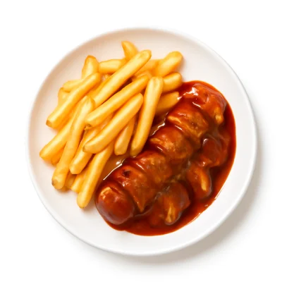 Rinds- Currywurst mit Pommes