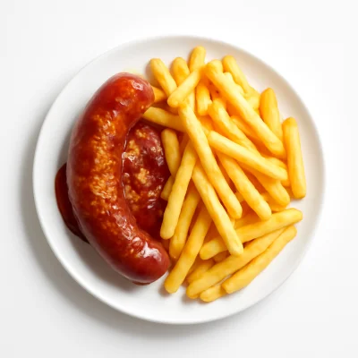 Curry- und Käsekrakauer mit Pommes