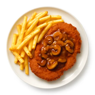 Jägerschnitzel mit Pommes
