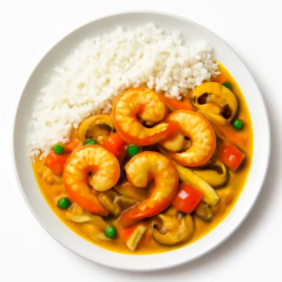 Großgarnelen mit Curry (Reis)