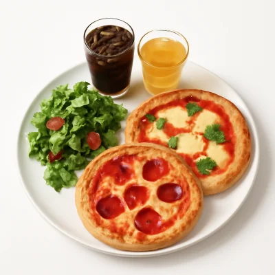 2 Pizzen + 1 Beilagensalat + 2 Getränke (0,33l, Pfand inkl.)