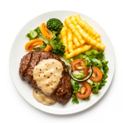 Argentinisches Rumpsteak vom Grill mit Pfeffer-Rahm-Sauce, Gemüse, Pommes und Salat