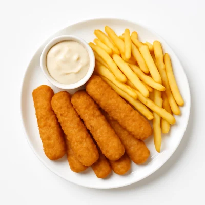 Pommes mit Fischstäbchen und Soße