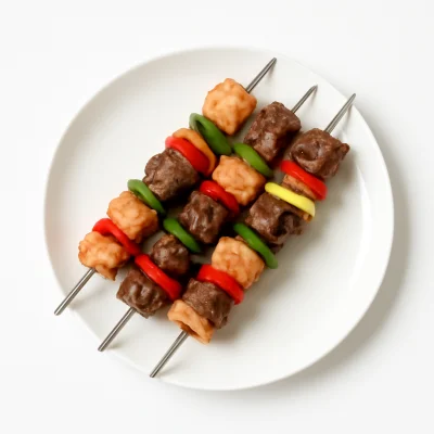 Spieß mit Putenfleisch, Rumpsteak, Zwiebeln und Paprika