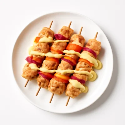 Spieß Hahn mit Putenfleisch, Paprika, Zwiebeln und Sauce Hollandaise