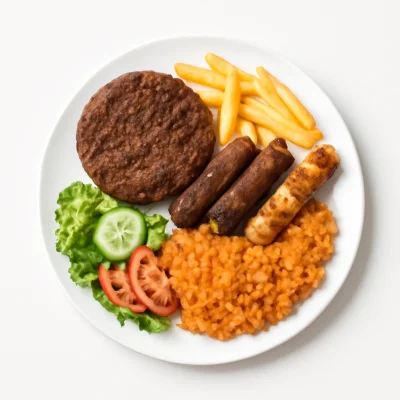 1 Person - 1 Pljeskavica 2 Cevapcici 1 Raznici pommes djuvecreis und salat