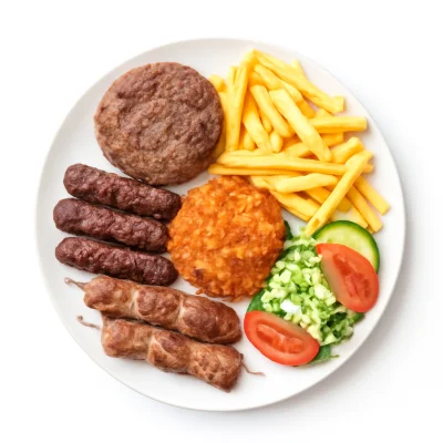 2 Personen - 1 Pljeskavica 1 Gefühlte Pljeskavica 4 Cevapcici 2 Raznici pommes djuvecreis und salat