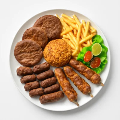 4 Personen - 4 Pljeskavica 2 Gefühlte Pljeskavica 12 Cevapcici 4 Raznici djuvecreis pommes und salat